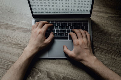 Male hands are typing on a laptop keyboard. businessman works remotely from home. online freelancing