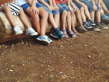 Low section of boys sitting on log at field