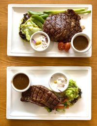 High angle view of food served on table