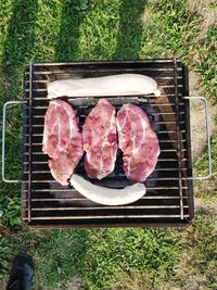 High angle view of meat on barbecue grill