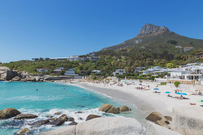 Scenic view of sea against clear blue sky