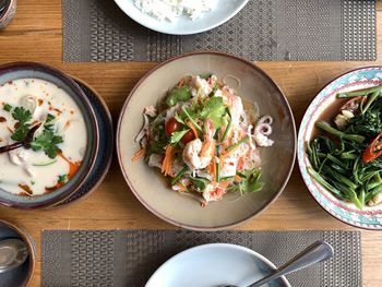 High angle view of meal served on table , thai food portions 