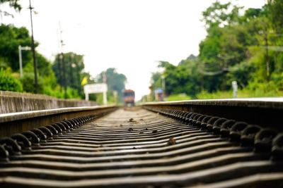 Close-up of railroad track against clear sky
