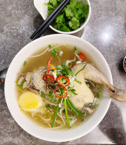 High angle view of soup in bowl on table