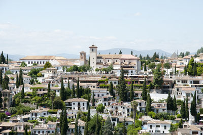 High angle view of buildings in city