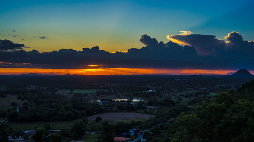 High angle view of townscape against sky during sunset