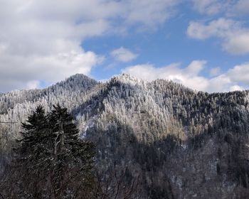 Low angle view of snowcapped mountain against sky