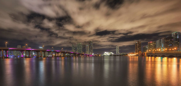 Illuminated bridge over river against sky in city at night