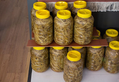 Close-up of multi colored spools on table