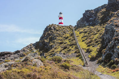 Low angle view of lighthouse on rock against sky