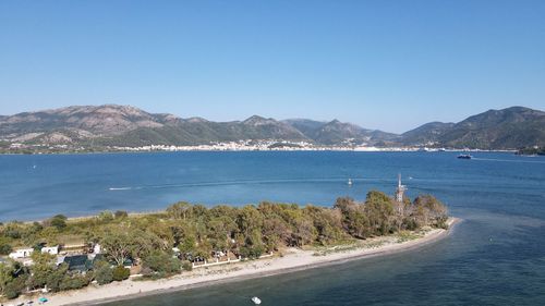 Scenic view of sea against clear blue sky