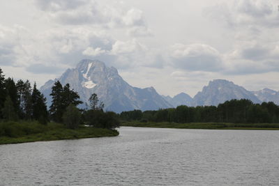 Scenic view of lake by mountains against sky