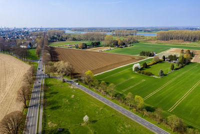 High angle view of agricultural field against sky