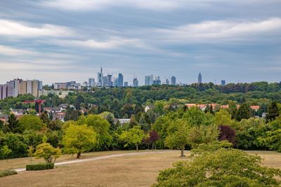 Trees and buildings in city against sky