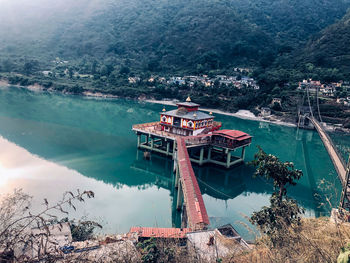 High angle view of buildings in lake