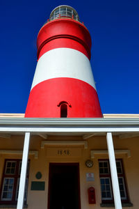 Low angle view of lighthouse against building against clear sky