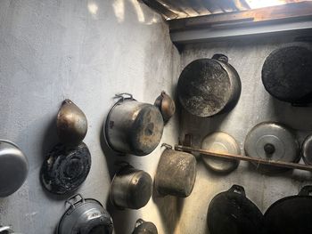 High angle view of kitchen utensils on wall