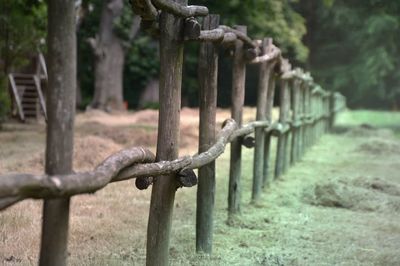 Close-up of barbed wire fence on field