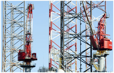 Low angle view of crane against clear sky