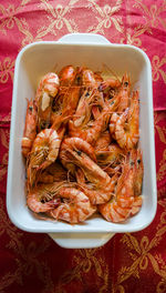 High angle view of seafood in plate on table