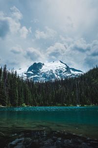 Scenic view of lake by mountains against sky