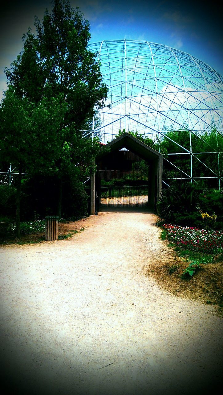 tree, built structure, architecture, plant, building exterior, growth, sunlight, empty, footpath, shadow, fence, sky, the way forward, day, park - man made space, walkway, absence, nature, no people, outdoors