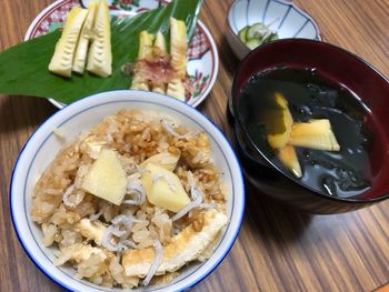 High angle view of breakfast served on table