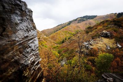 Scenic view of mountains against sky during autumn