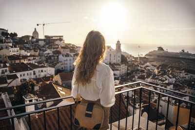 High angle view of townscape against sky during sunset