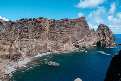 Scenic view of sea and rocks against blue sky