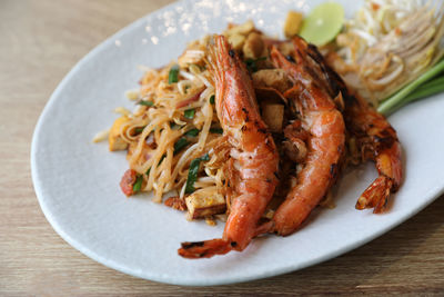 High angle view of seafood in plate on table