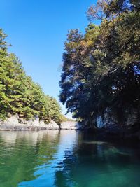 Scenic view of lake against clear blue sky