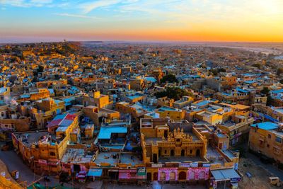 High angle view of cityscape during sunset