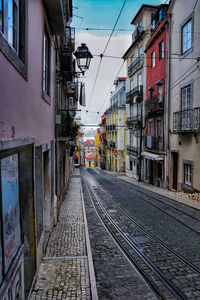 Railroad tracks amidst buildings in city