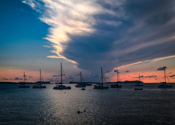 Sailboats moored in marina at sunset