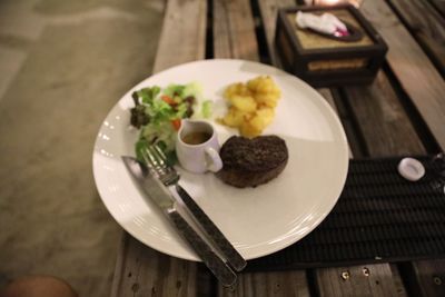 High angle view of food in plate on table