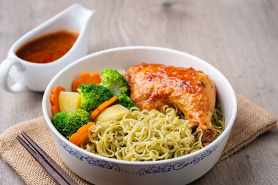 High angle view of food in bowl on table