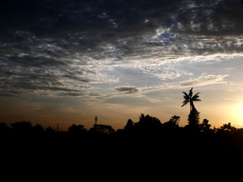 Silhouette trees on field against sky at sunset