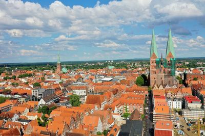 High angle view of townscape against sky