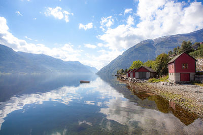 Scenic view of lake and buildings against sky