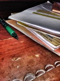 High angle view of paintbrushes on table