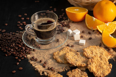 High angle view of coffee beans on table