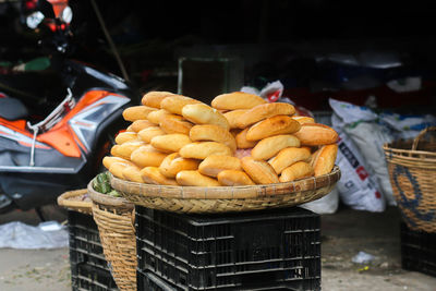 Closeup view of hot and crispy bread is displayed on the street in the dam market, nha trang city