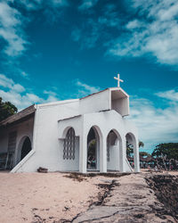 Beautiful small white church on pandanon island with blue sky