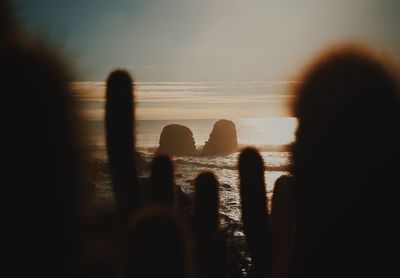 Silhouette people against sea during sunset