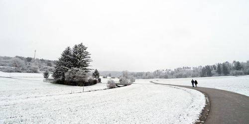 Trees on snow covered field against clear sky