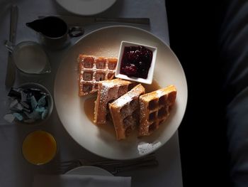 High angle view of food served in plate