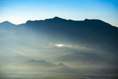 Scenic view of silhouette mountains against sky