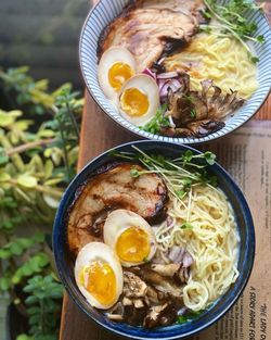 High angle view of meal served on table