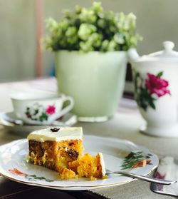 Close-up of cake in plate on table